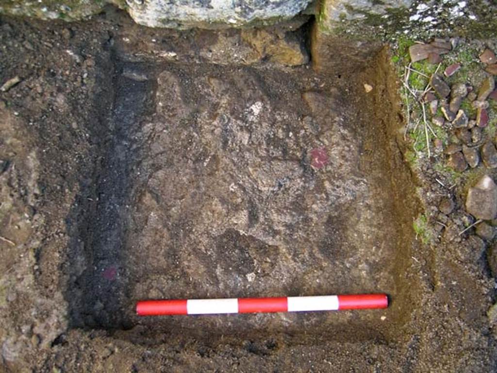 VI.25, Herculaneum. May 2004. Detail of an investigation beneath the floor of the shop-room.
Looking west on the west side below the north end of the threshold. Photo courtesy of Nicolas Monteix.